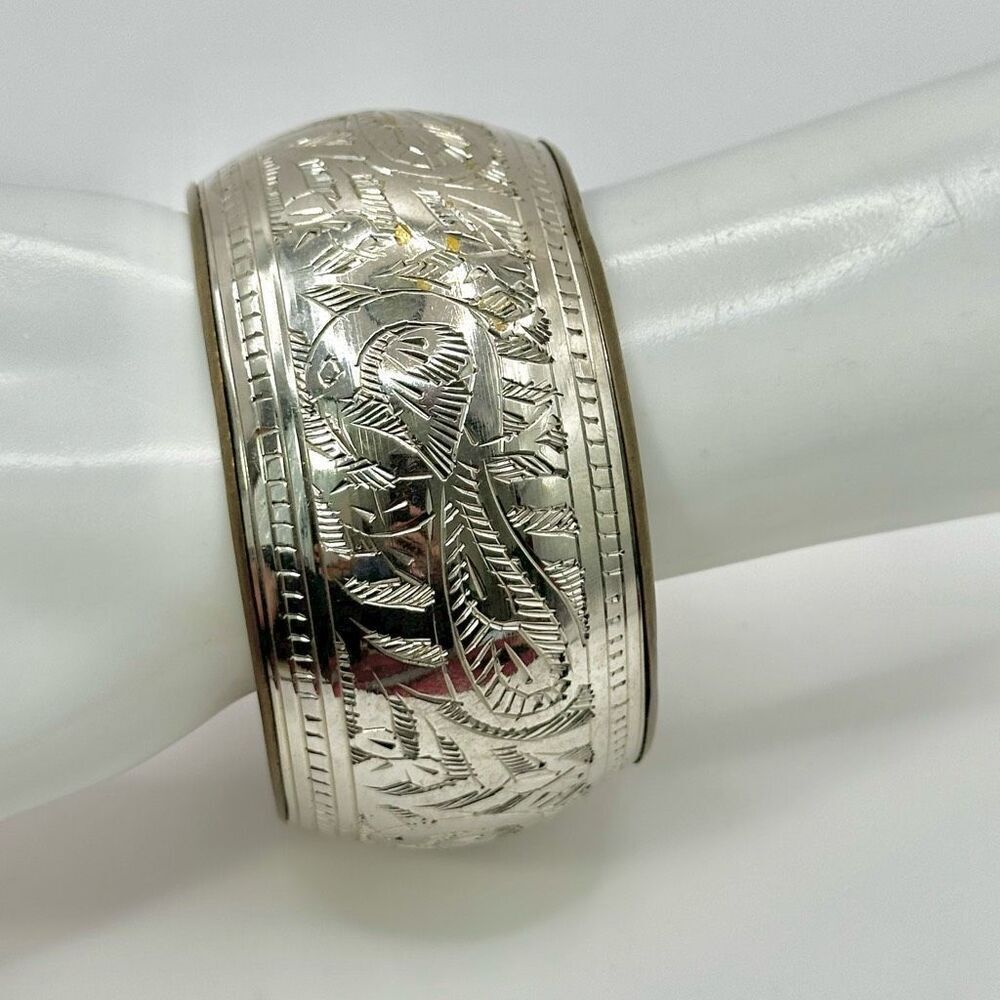 Silver tone and brass ethnic wide bangle bracelet